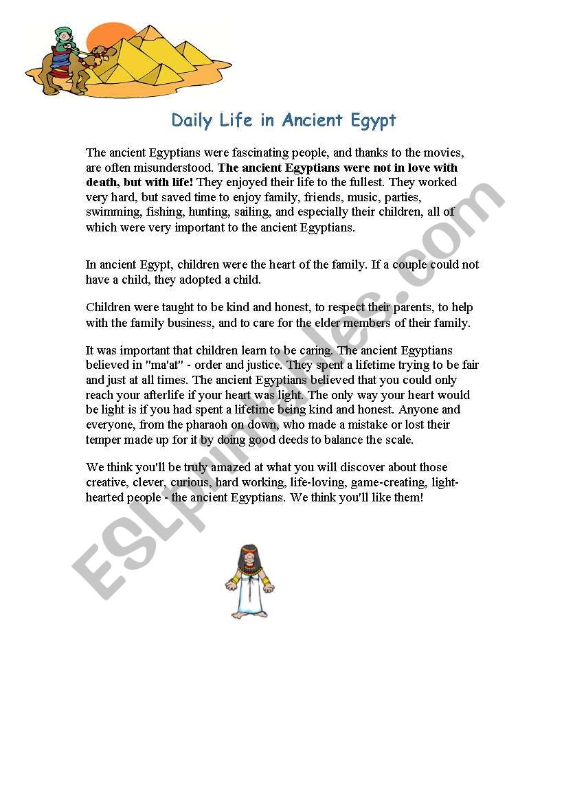 daily life in ancient egypt  worksheet
