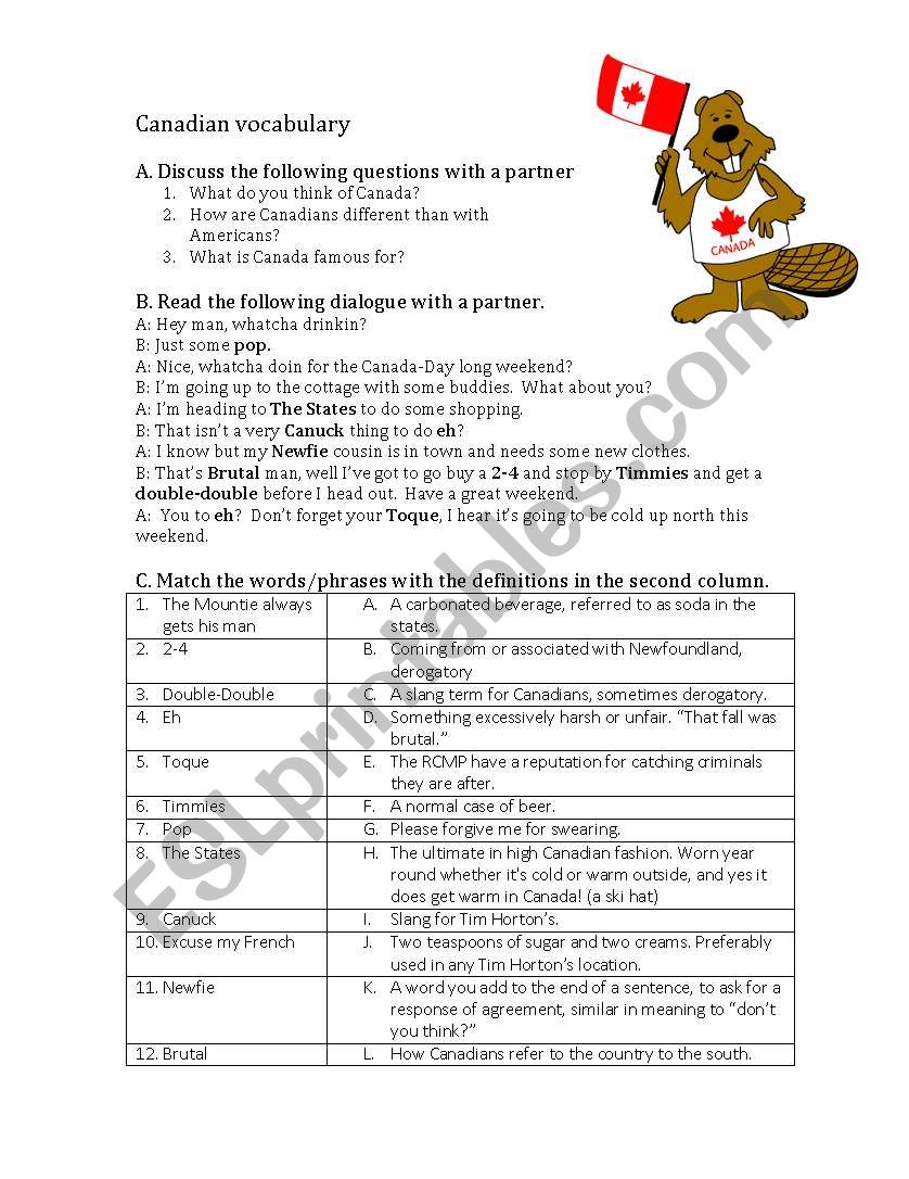 Canadian SLANG and VOCABULARY worksheet