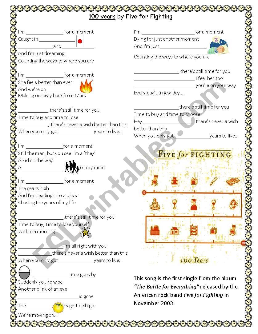 100 years - Five for fighting worksheet