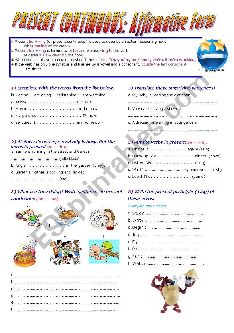 Present Continuous( Be+V-ing) Affirmative Form. Lesson + exercises