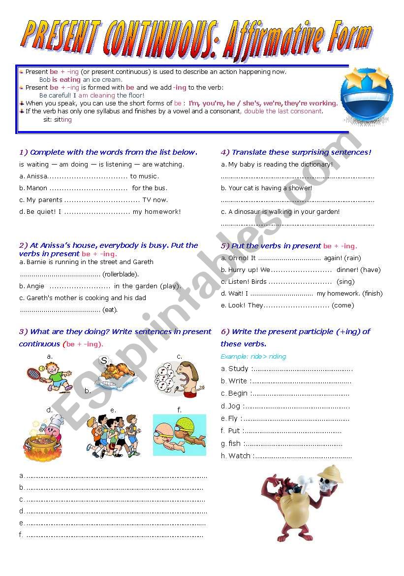 Present Continuous( Be+V-ing) Affirmative Form. Lesson + exercises