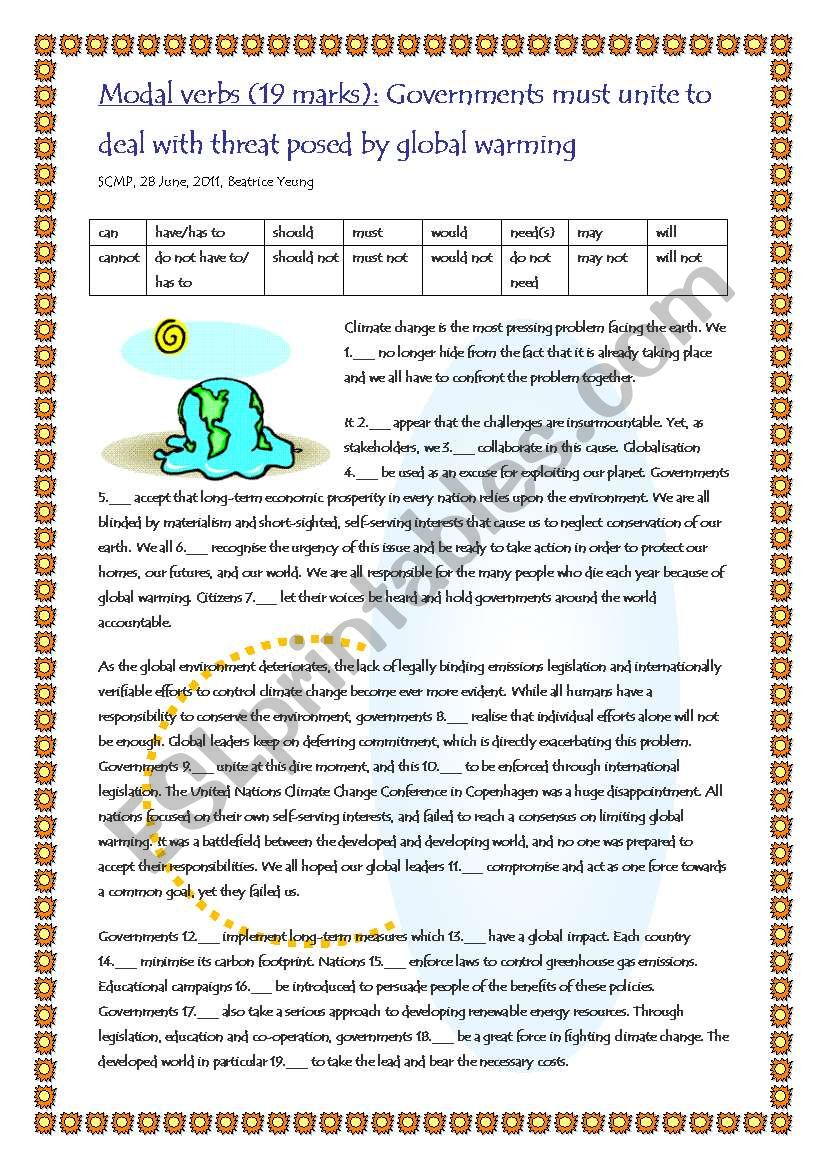 Modal verbs in context (19 marks): Governments must unite to deal with threat posed by global warming. 