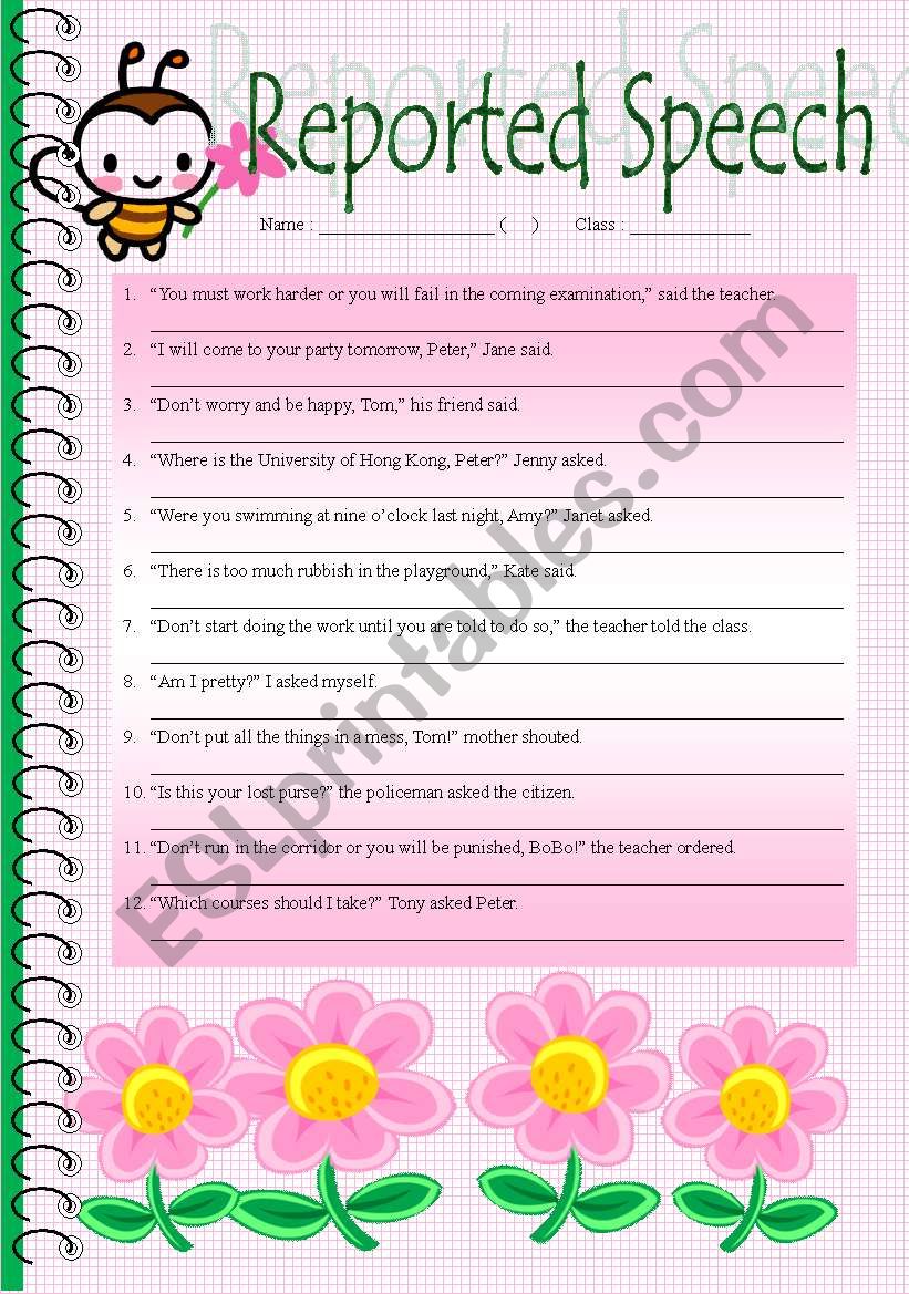 Reported speech worksheet worksheet