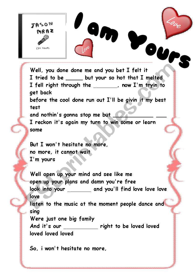 Jason Mraz -Im yours worksheet