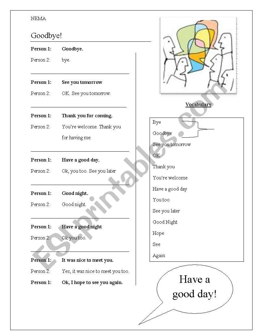 Common Goodbyes worksheet