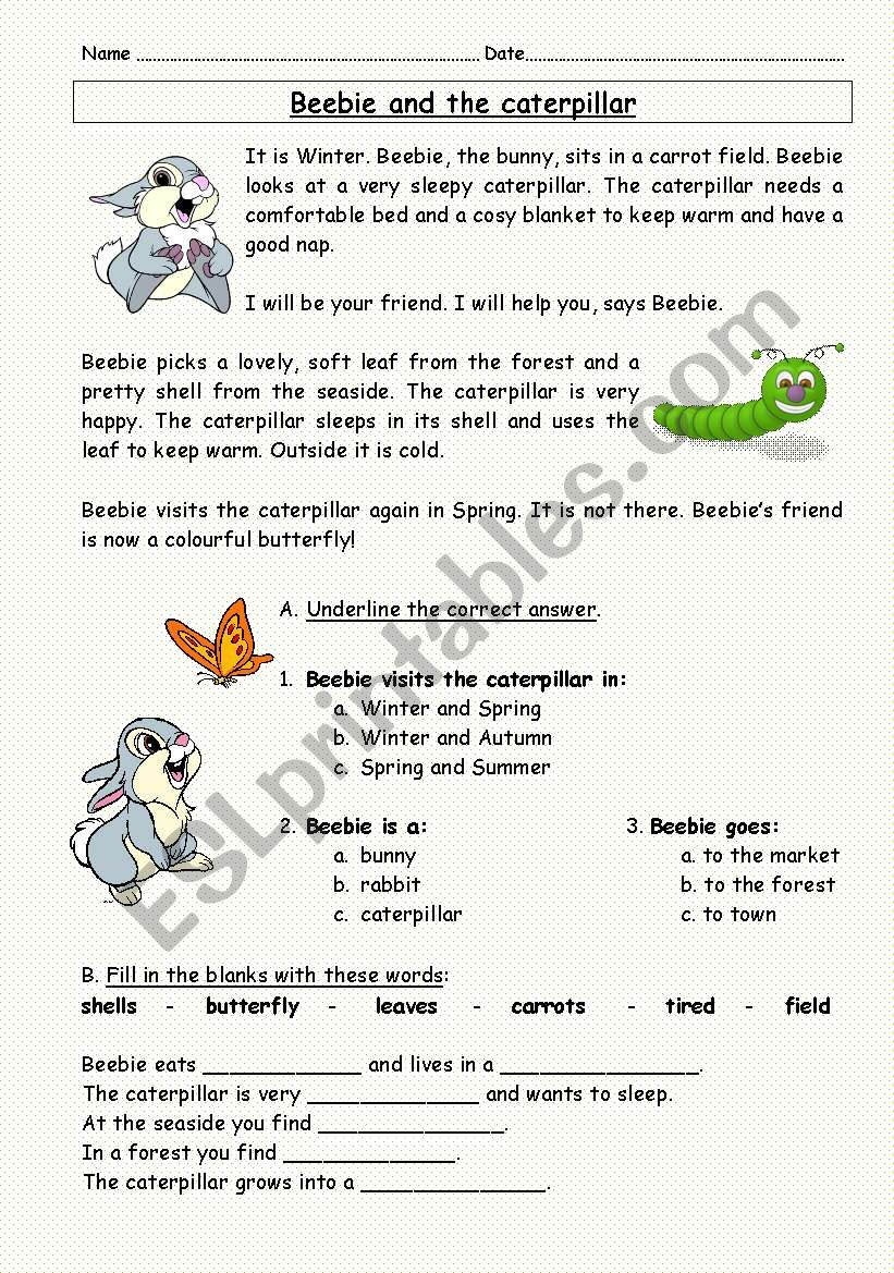Beebie and the caterpillar worksheet
