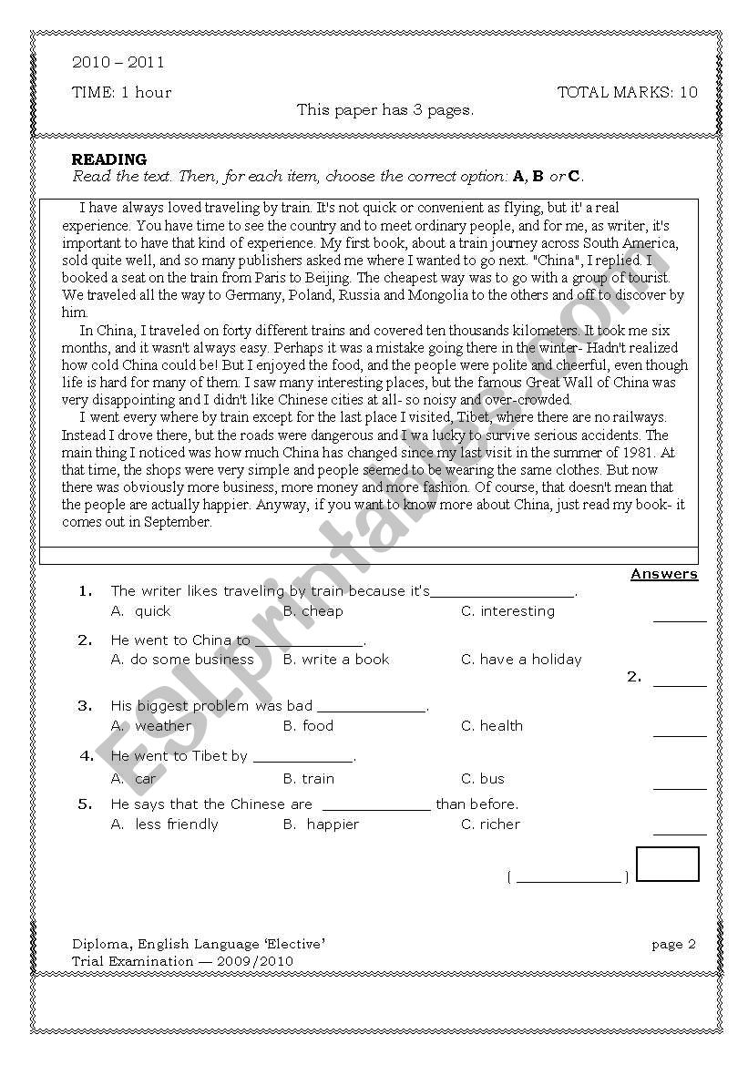 grade 11 exam worksheet