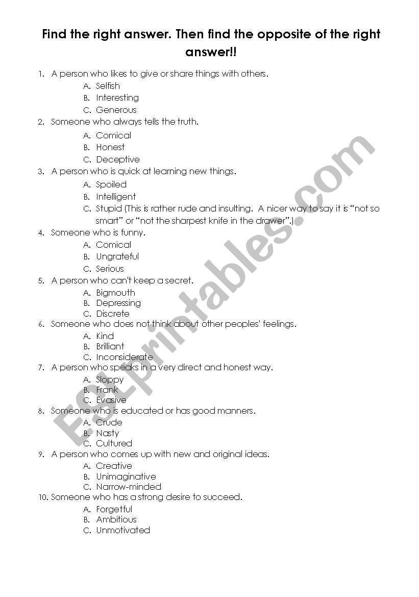 Personality Dictionary Quiz worksheet