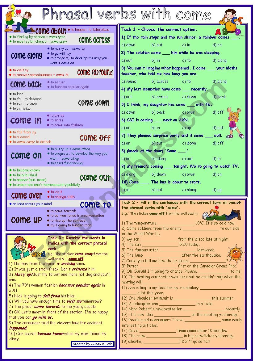 Phrasal verbs with COME * with dictionary * 3 tasks * with key * fully editable *** B&W version
