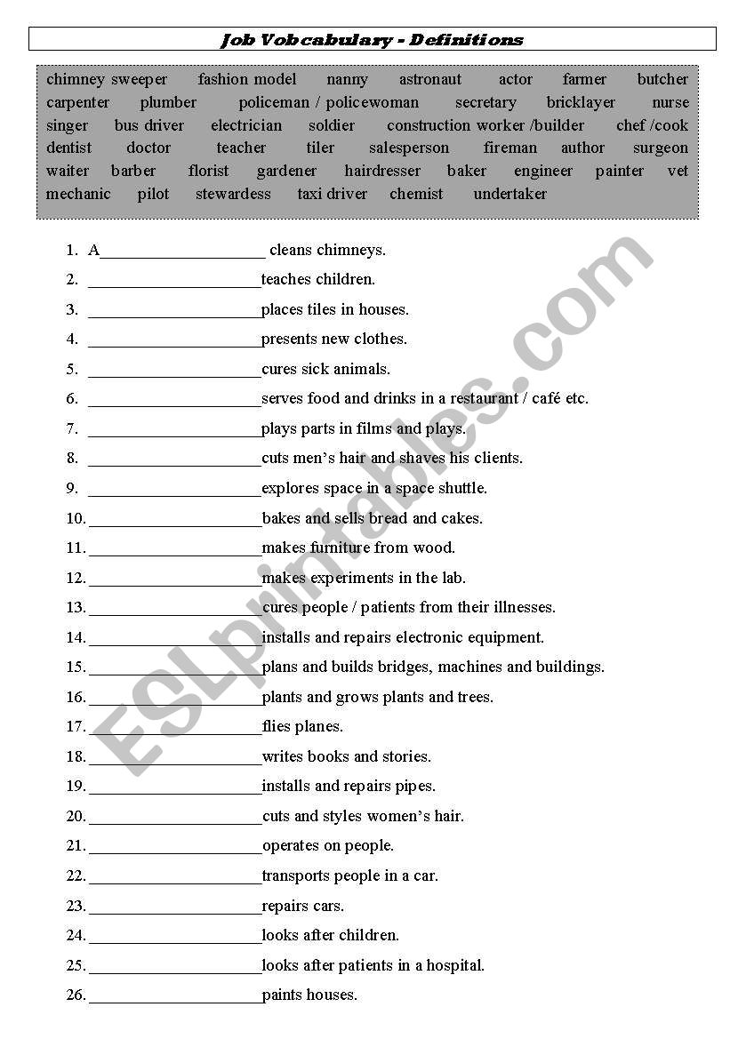 Jobs Vocabulary - Practice - Definitions / Descriptions Elementary / Pre-intermediate