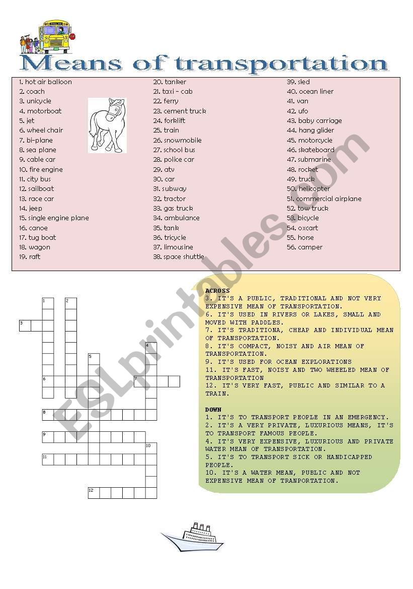 means of transportation worksheet