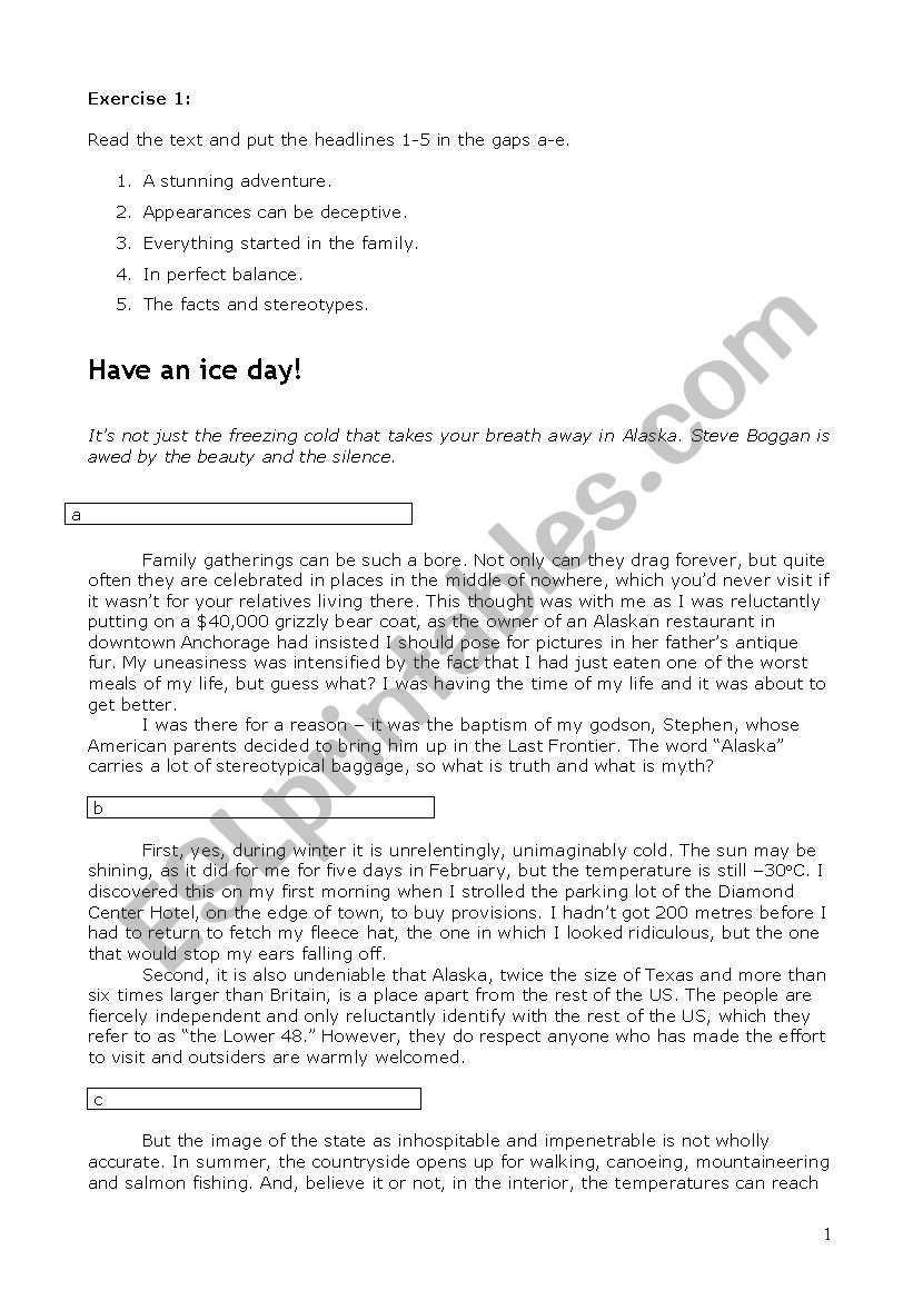 Alaska Reading Task worksheet