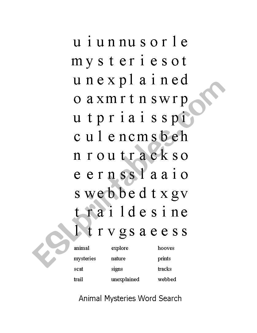 Animal Mysteries Word Search worksheet