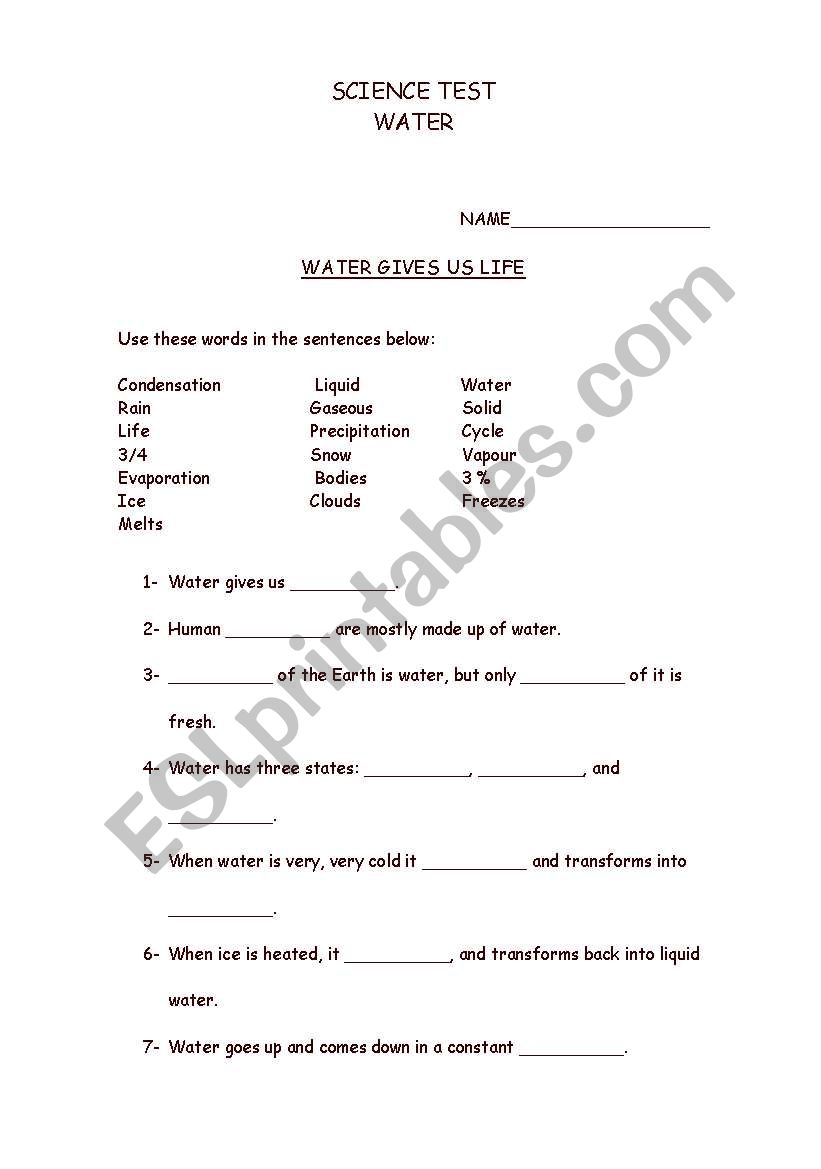 water cycle test worksheet