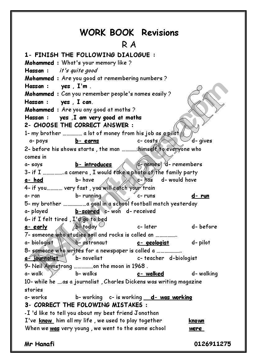 Workbook revision worksheet