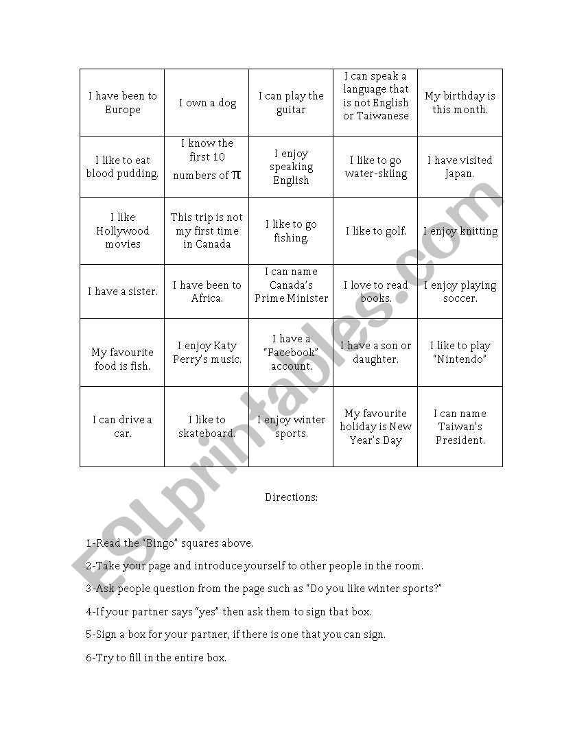 Introduction Bingo worksheet