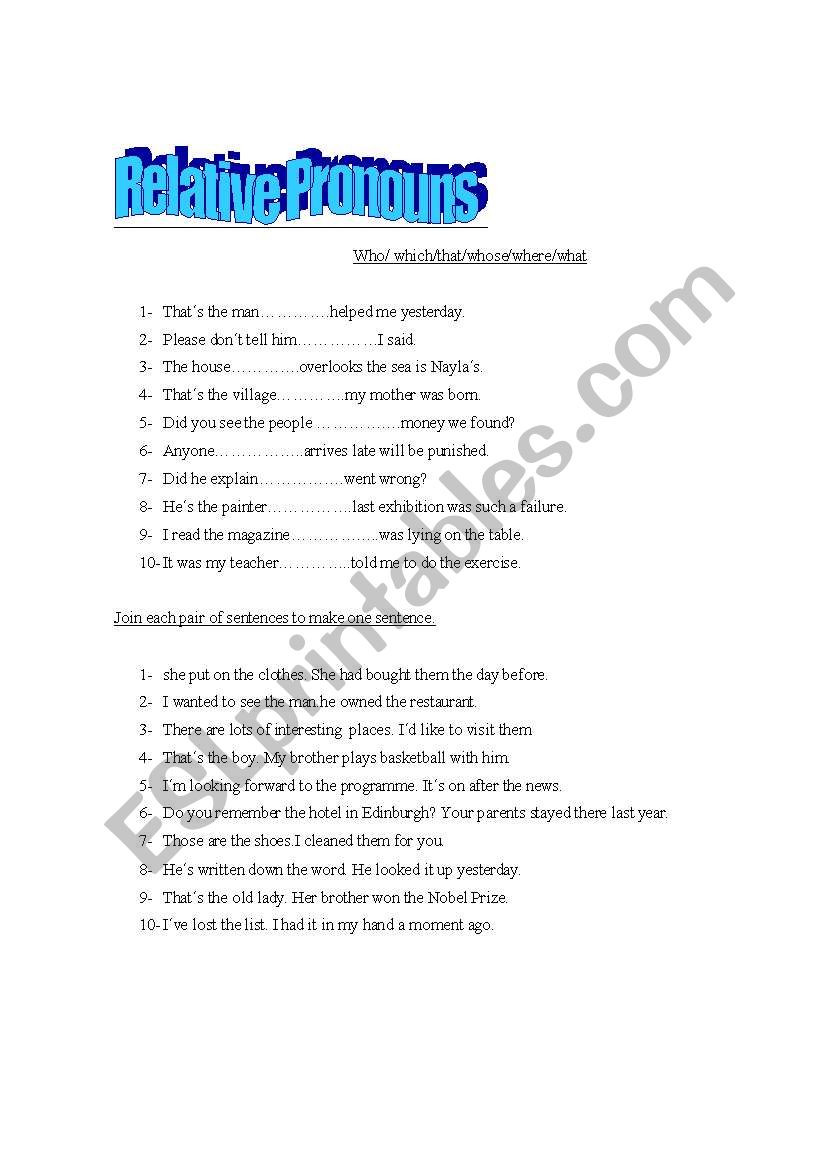 relative pronouns worksheet