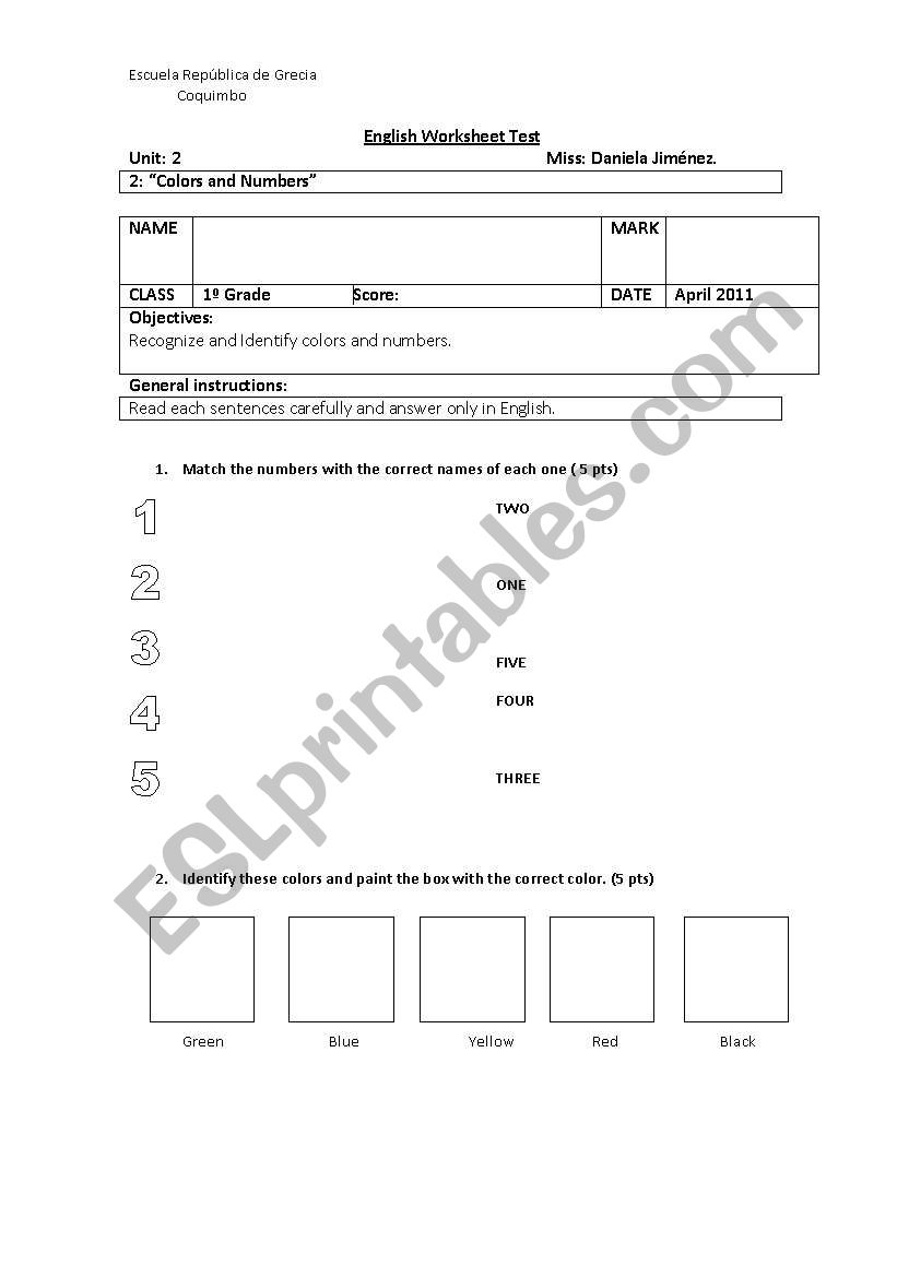 English test about colors and numbers