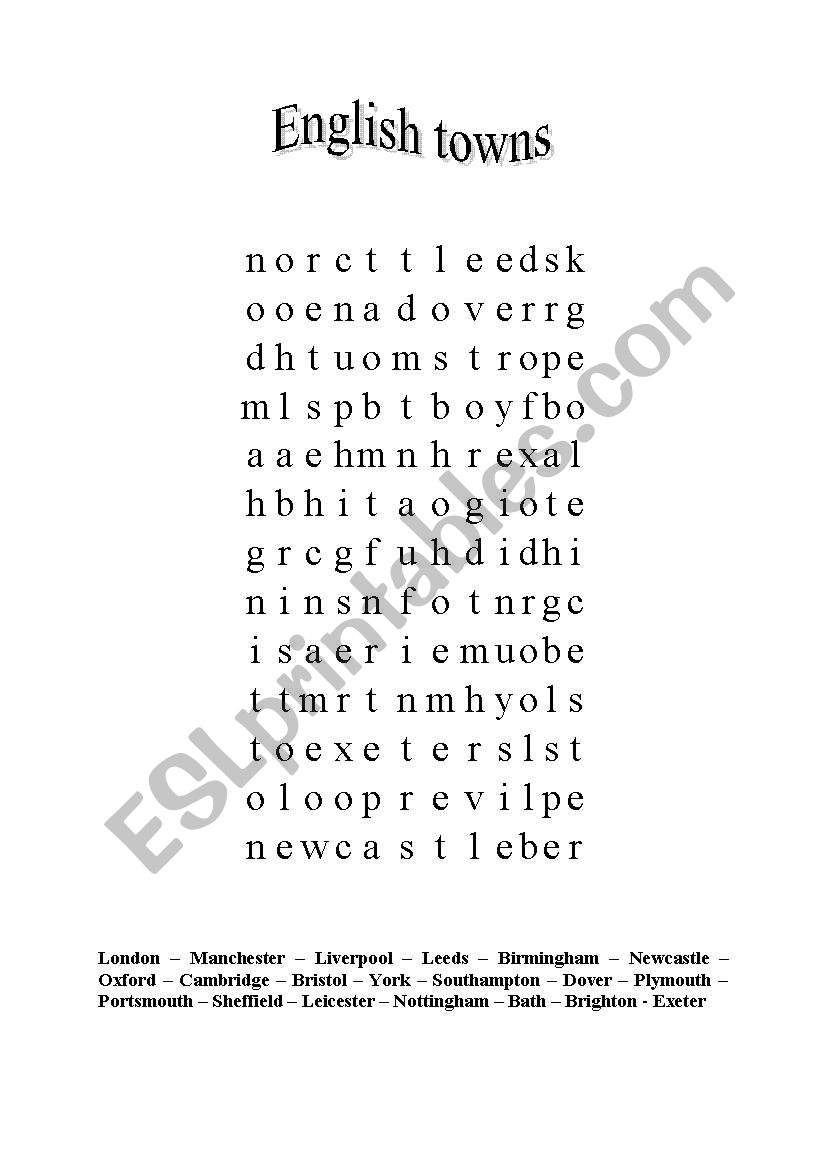 English town (word search) worksheet