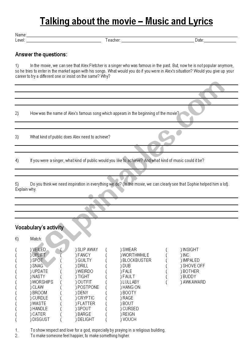 Music and Lyrics Movie Activity