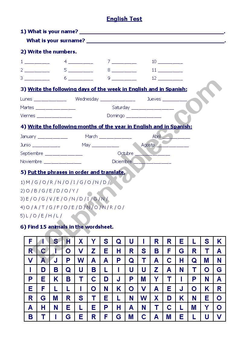 TEST FOR BEGINNERS worksheet