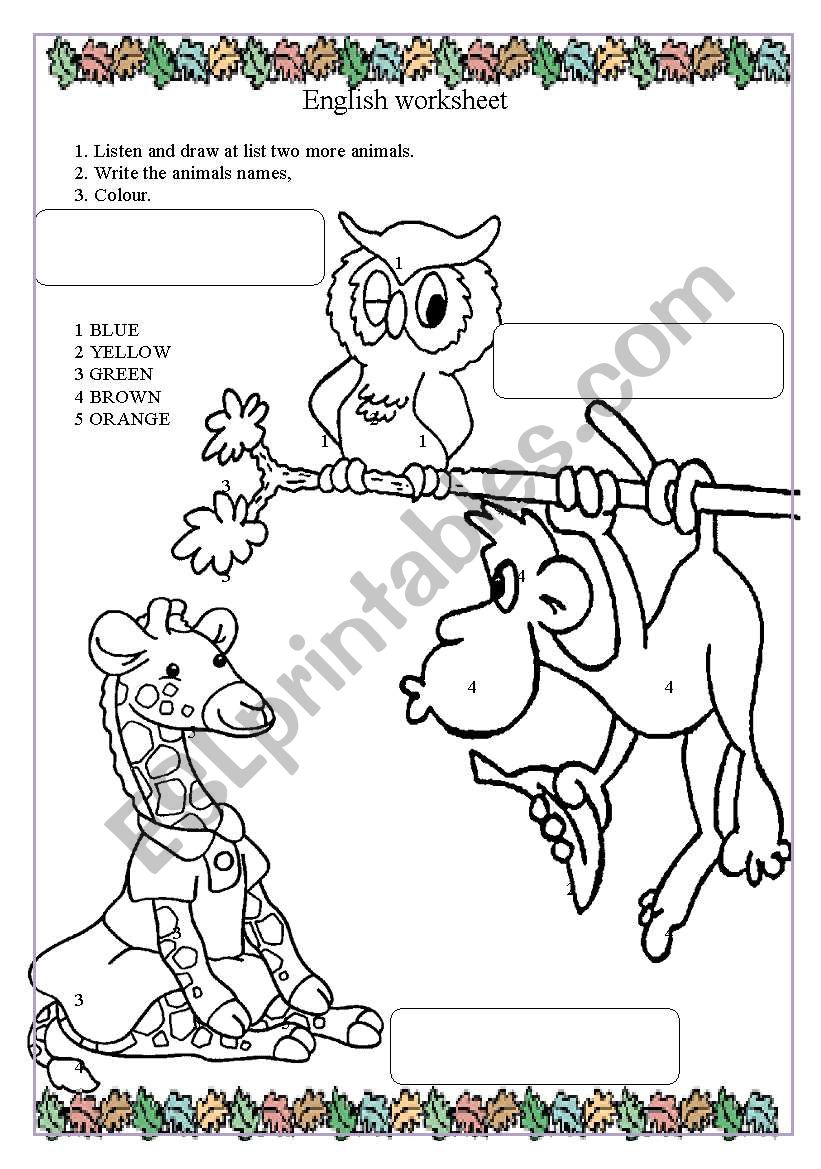 ANIMALS and colours worksheet