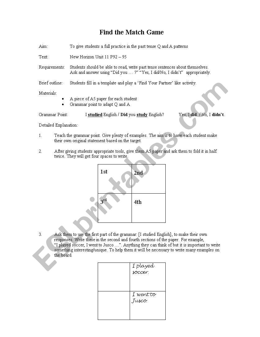 Find a Match Activity worksheet