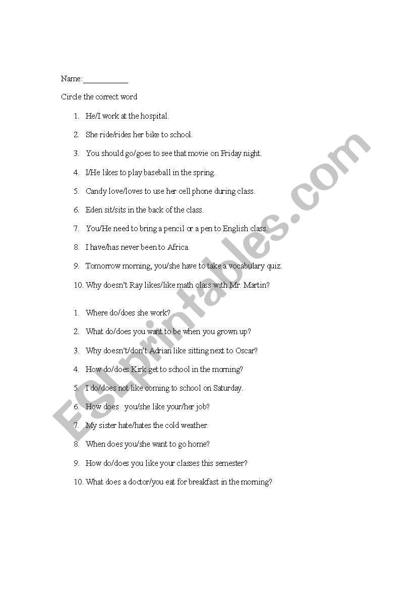 Do/Does worksheet