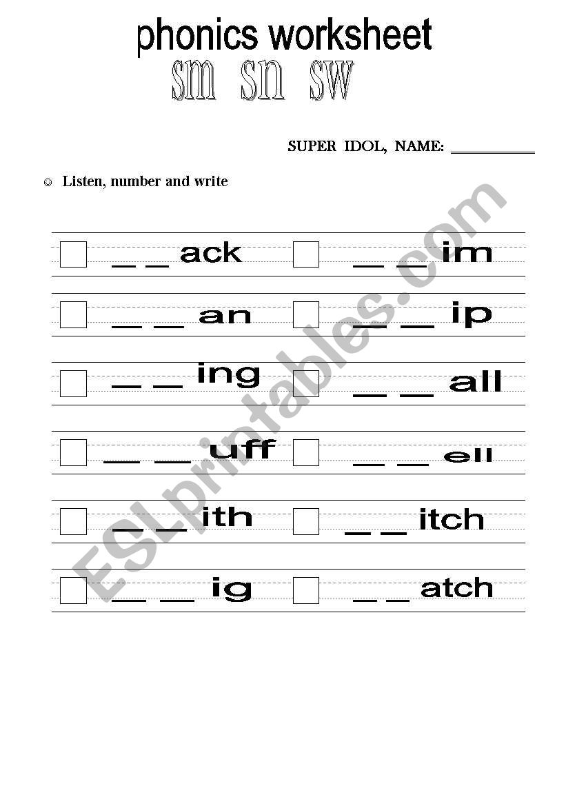 phonics worksheet : sm, sn, sw