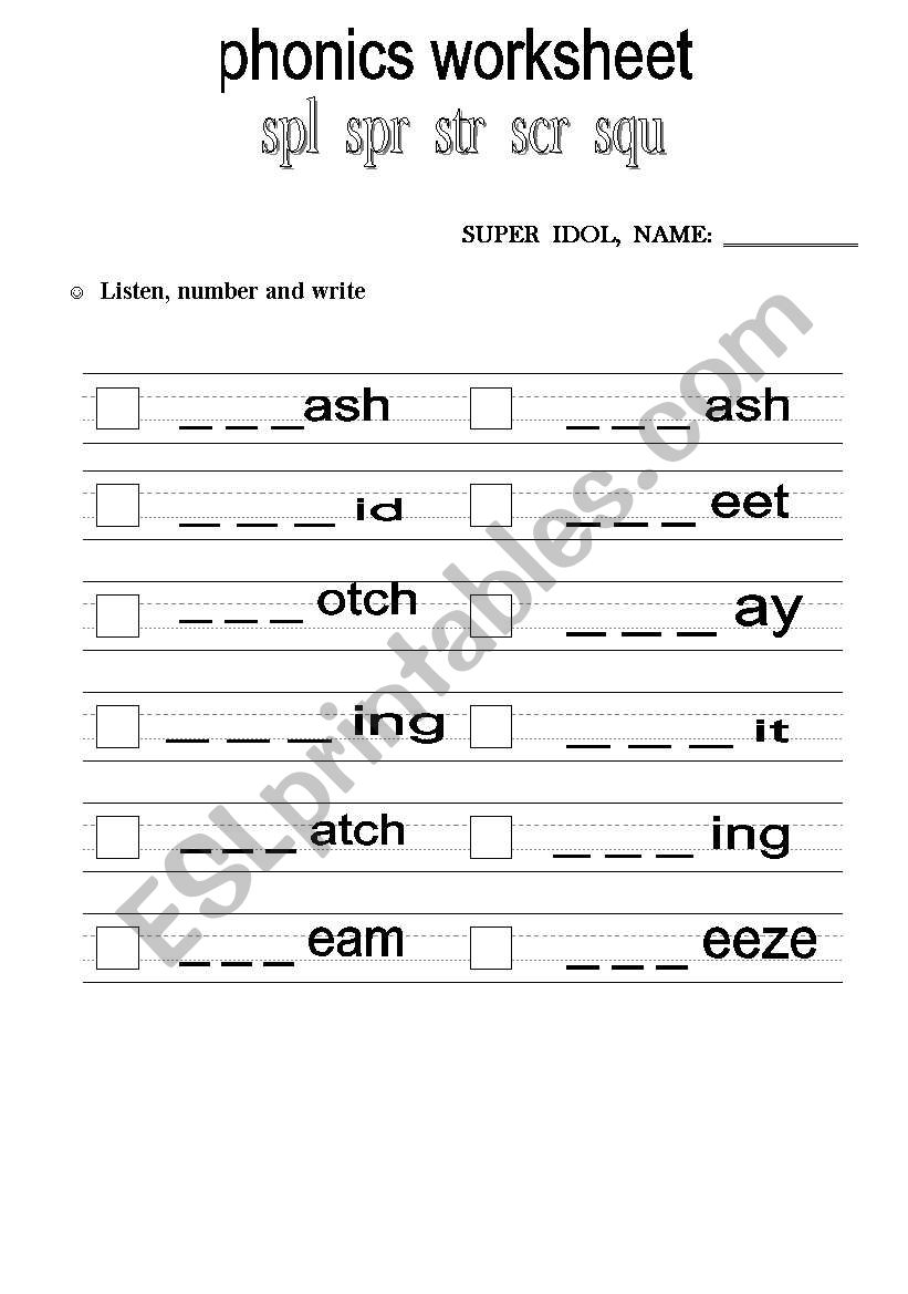 phonics worksheet spl, spr, str, scr, squ