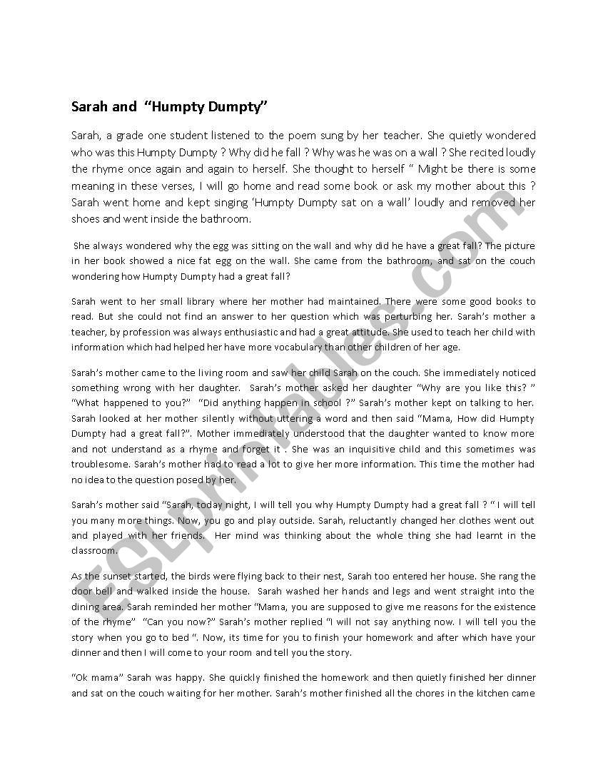 Sarah and Humpty Dumpty worksheet