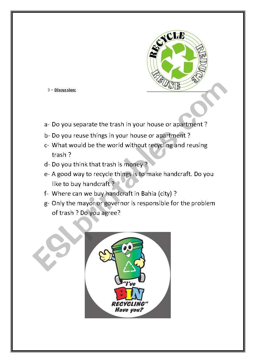 Recycle, reuse, reduce worksheet