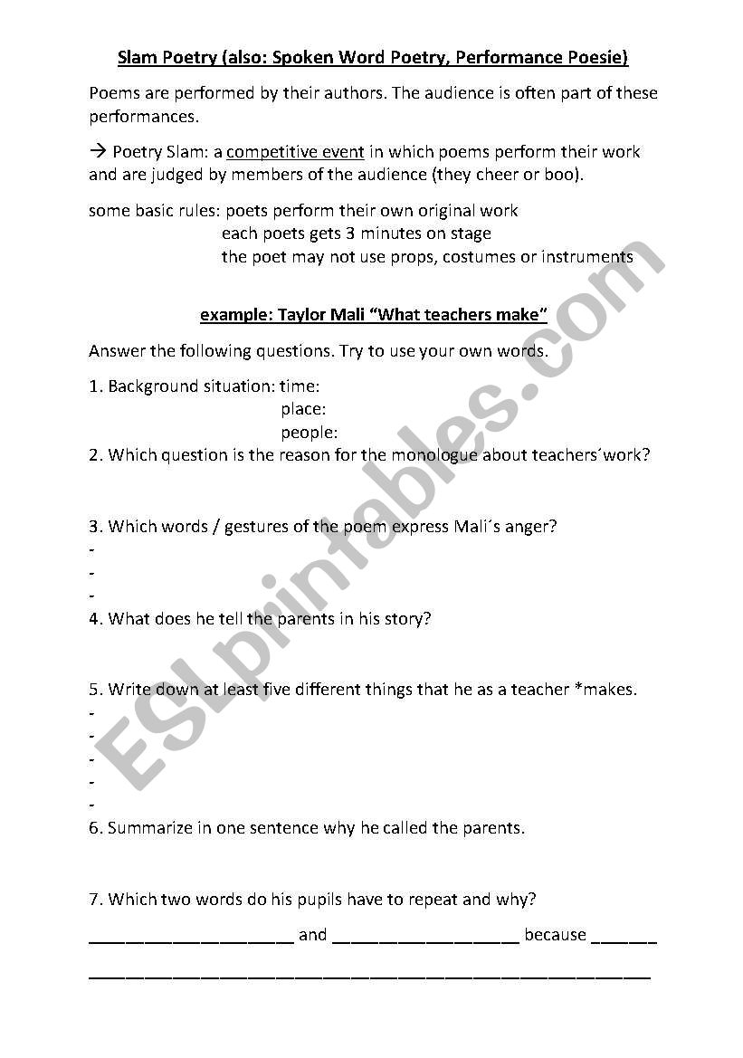 poetry slam - ESL worksheet by sommer83
