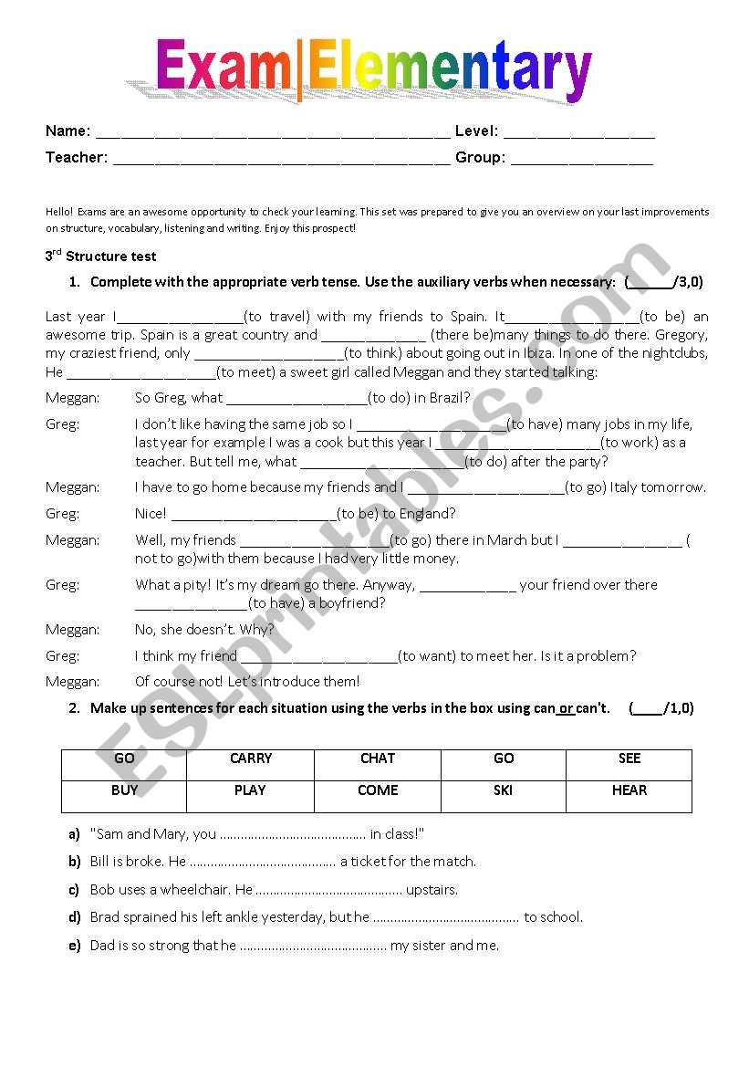 Exam|Elementary worksheet