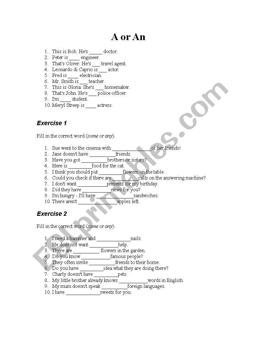 a/an --- Some/any worksheet