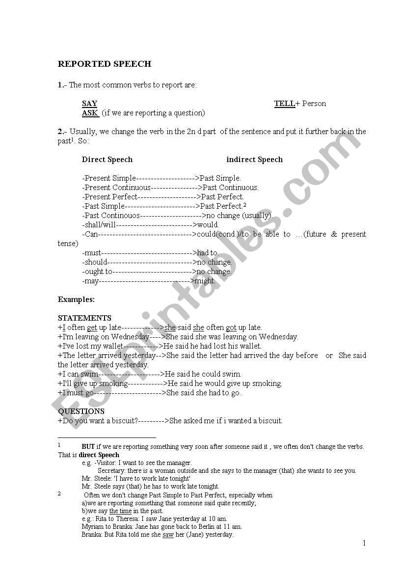 REPORTED SPEECH worksheet