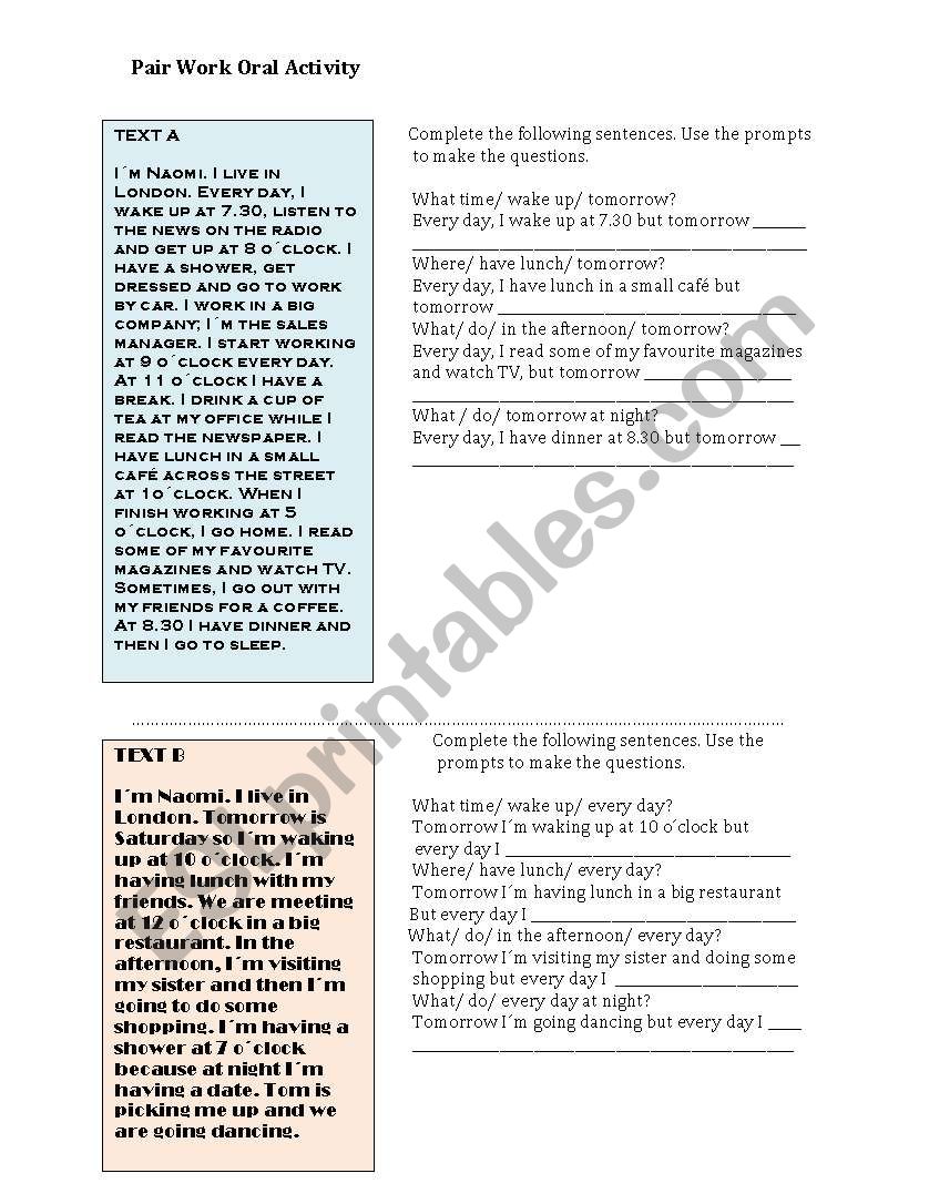 Pair Work Oral Activity worksheet