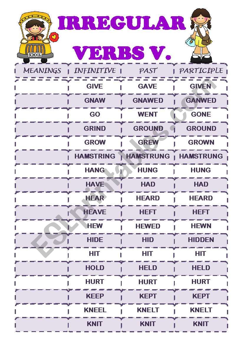 IRREGULAR  VERBS V (G-K) worksheet