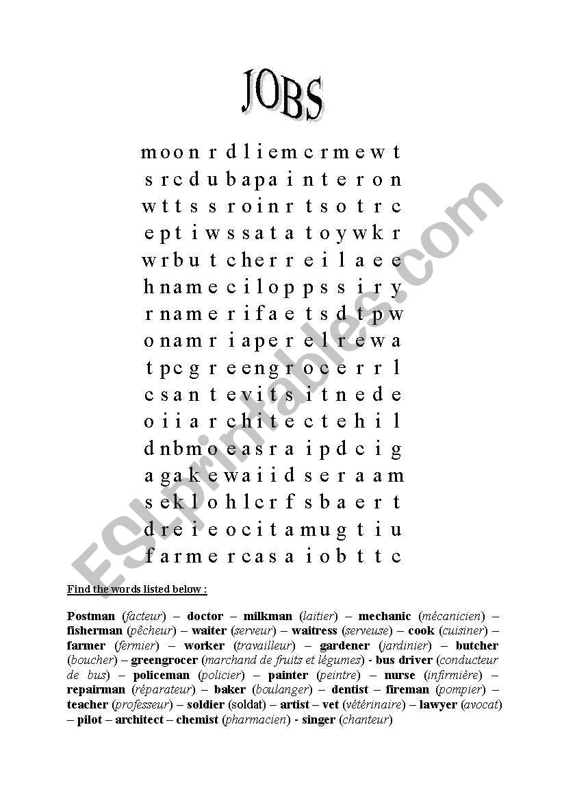 jobs (word search) worksheet