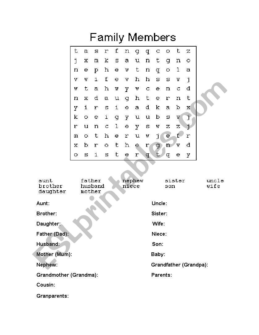 Family Members worksheet