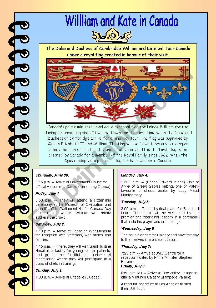 William and Kate in Canada worksheet