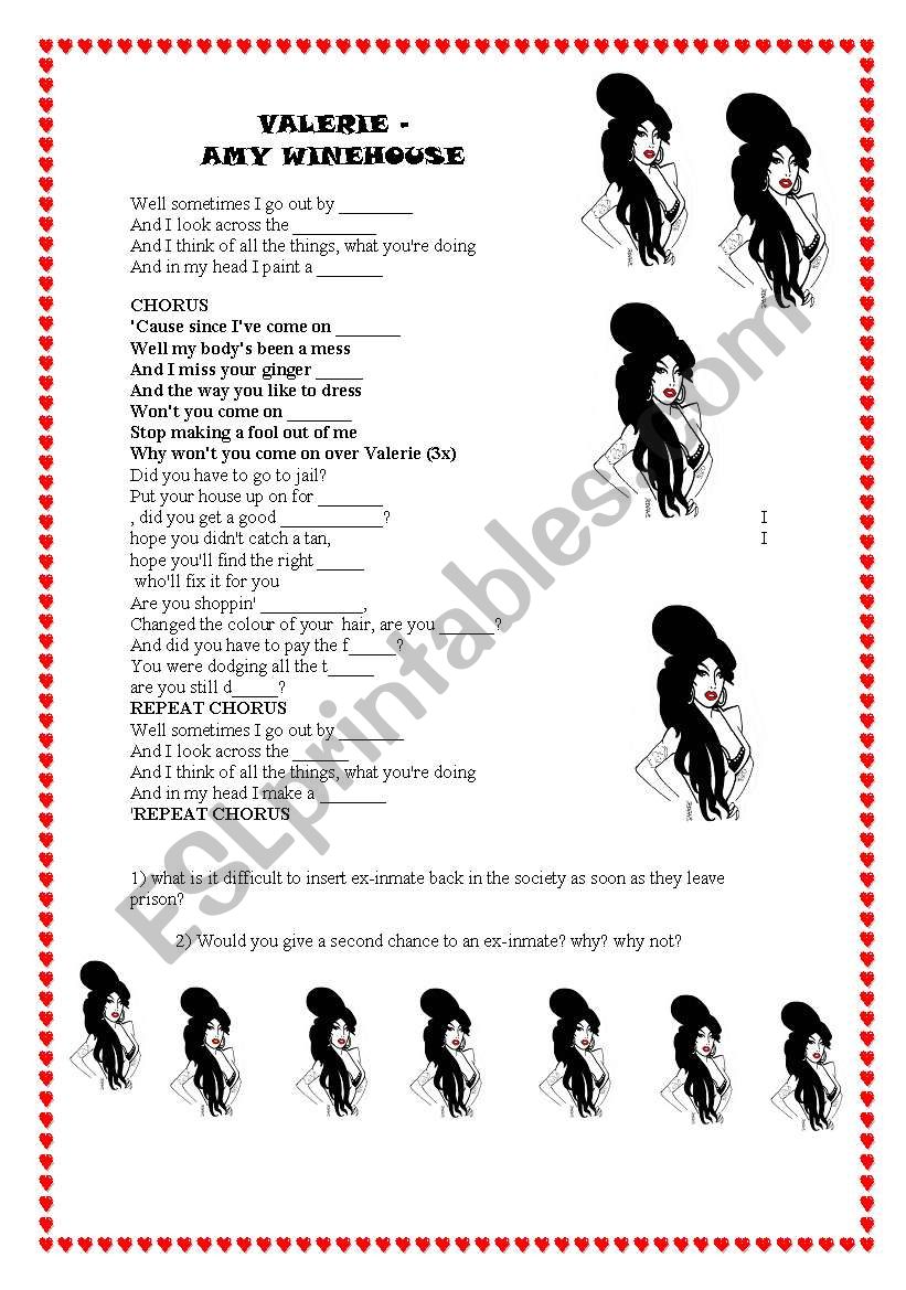 amy winehouse Valerie worksheet