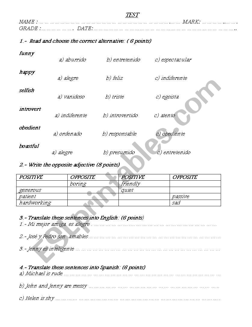 personality worksheet