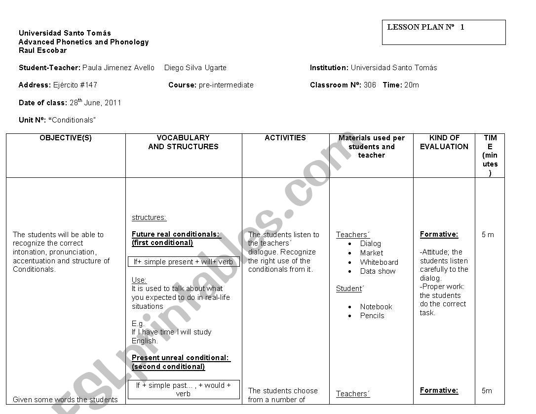 lesson plan on conditionals worksheet