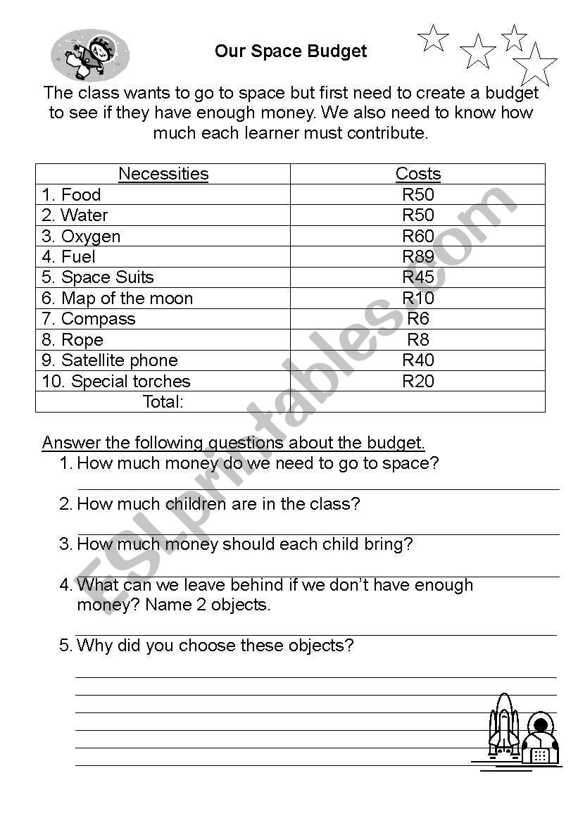 SPACE BUDGET worksheet