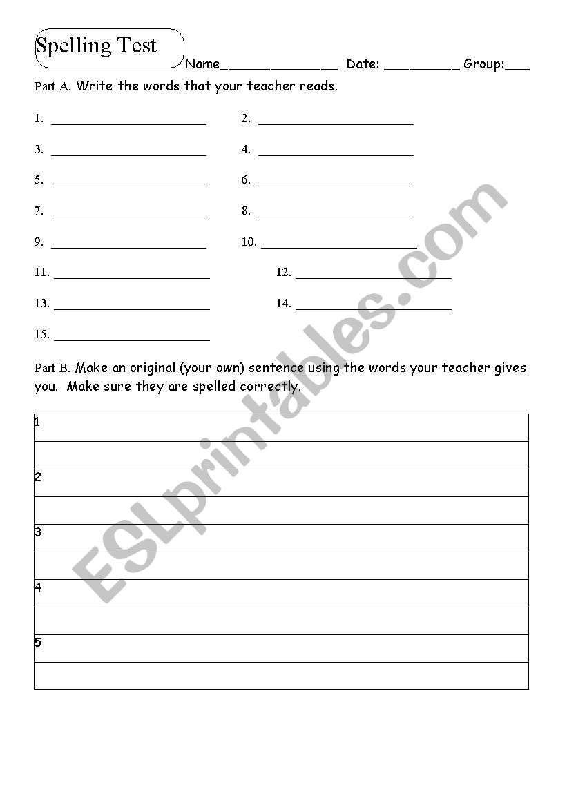3rd Grade Spelling Test worksheet