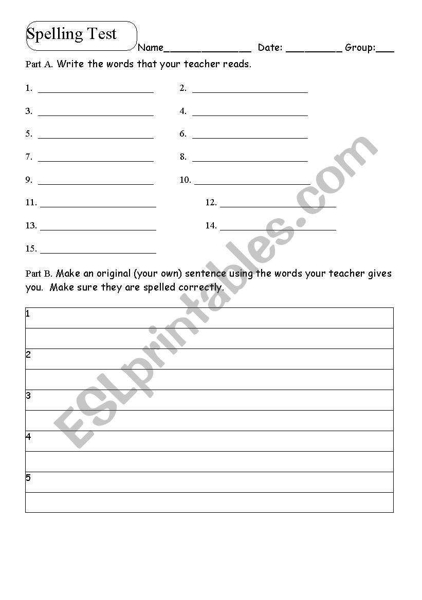 3rd Grade Spelling Test worksheet