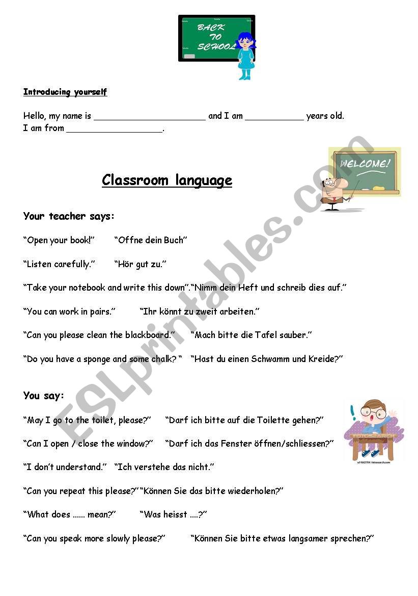Introducing yourself+classroom language elementary