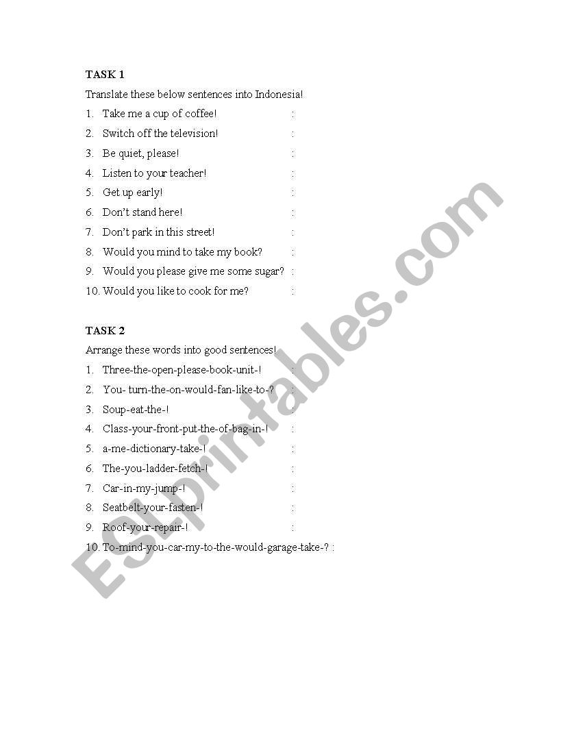 imperative sentence worksheet