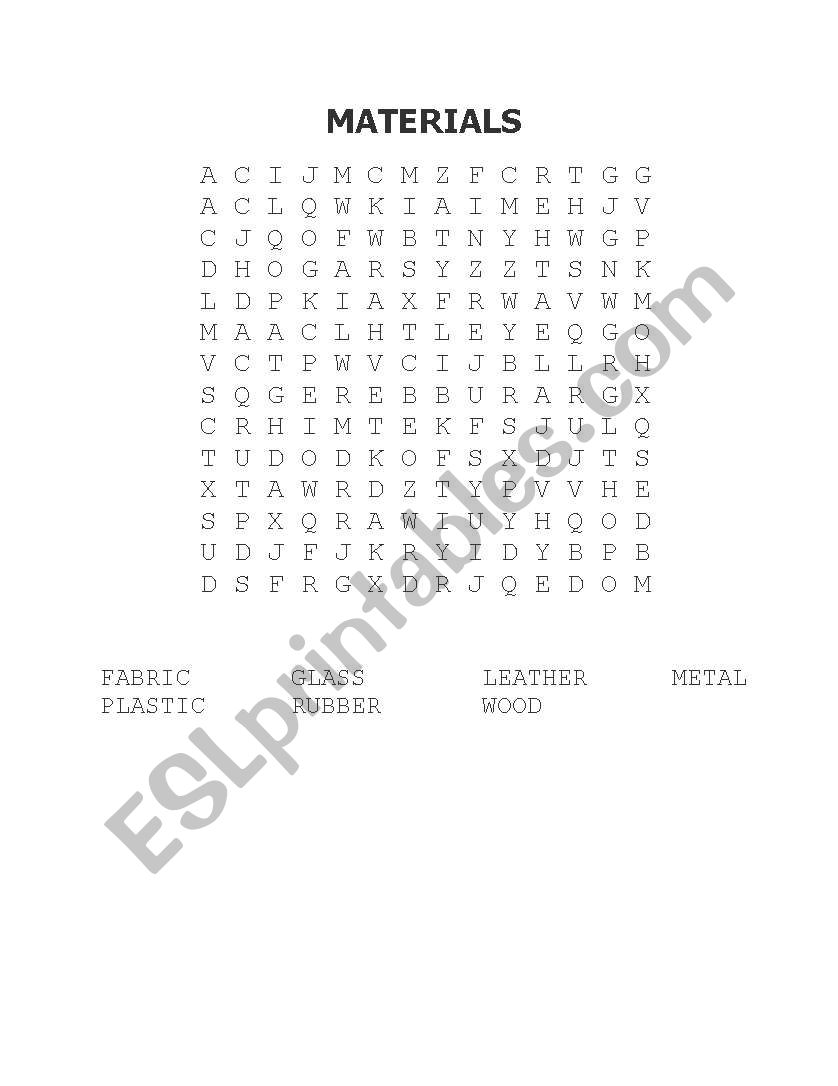 MATERIALS WORD SEARCH worksheet